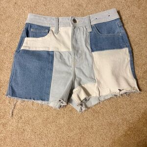 Hollister Two-Tone Patchwork Denim Shorts - Light Blue & White